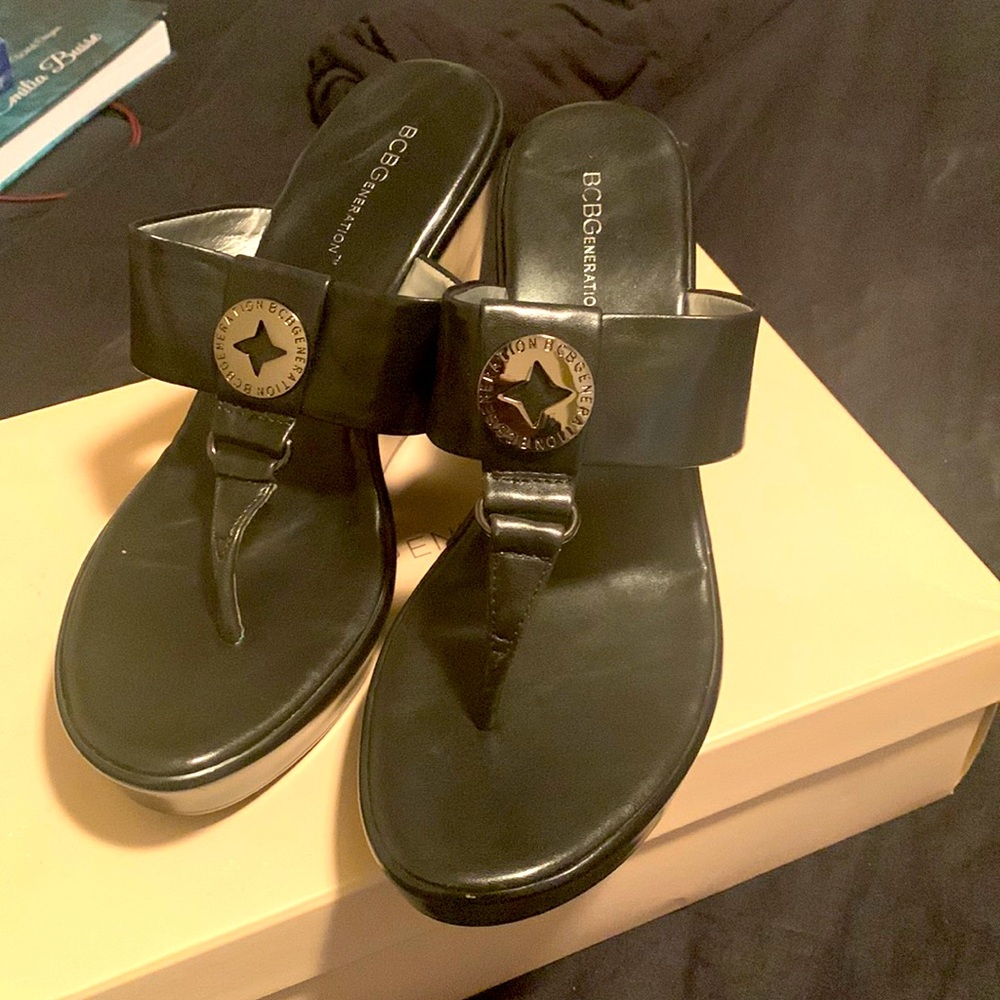 BCBG black wedge sandals